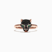 The Signature 14K Rose Gold Black Diamond & Emerald Mini Ring (0.46 TCW) features a panther head design with black diamonds and emerald eyes, shown against a white background.