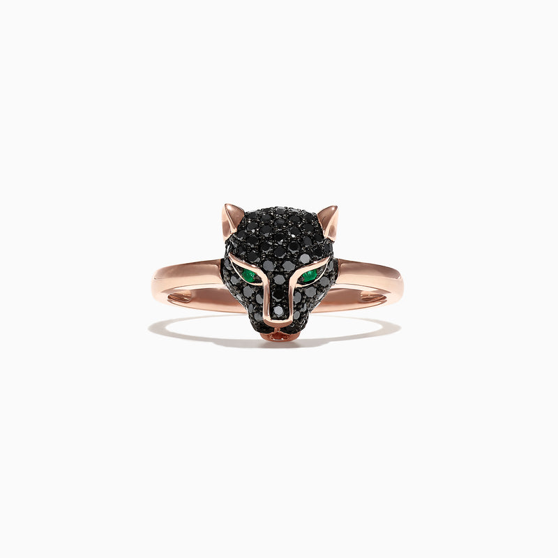 The Signature 14K Rose Gold Black Diamond & Emerald Mini Ring (0.46 TCW) features a panther head design with black diamonds and emerald eyes, shown against a white background.