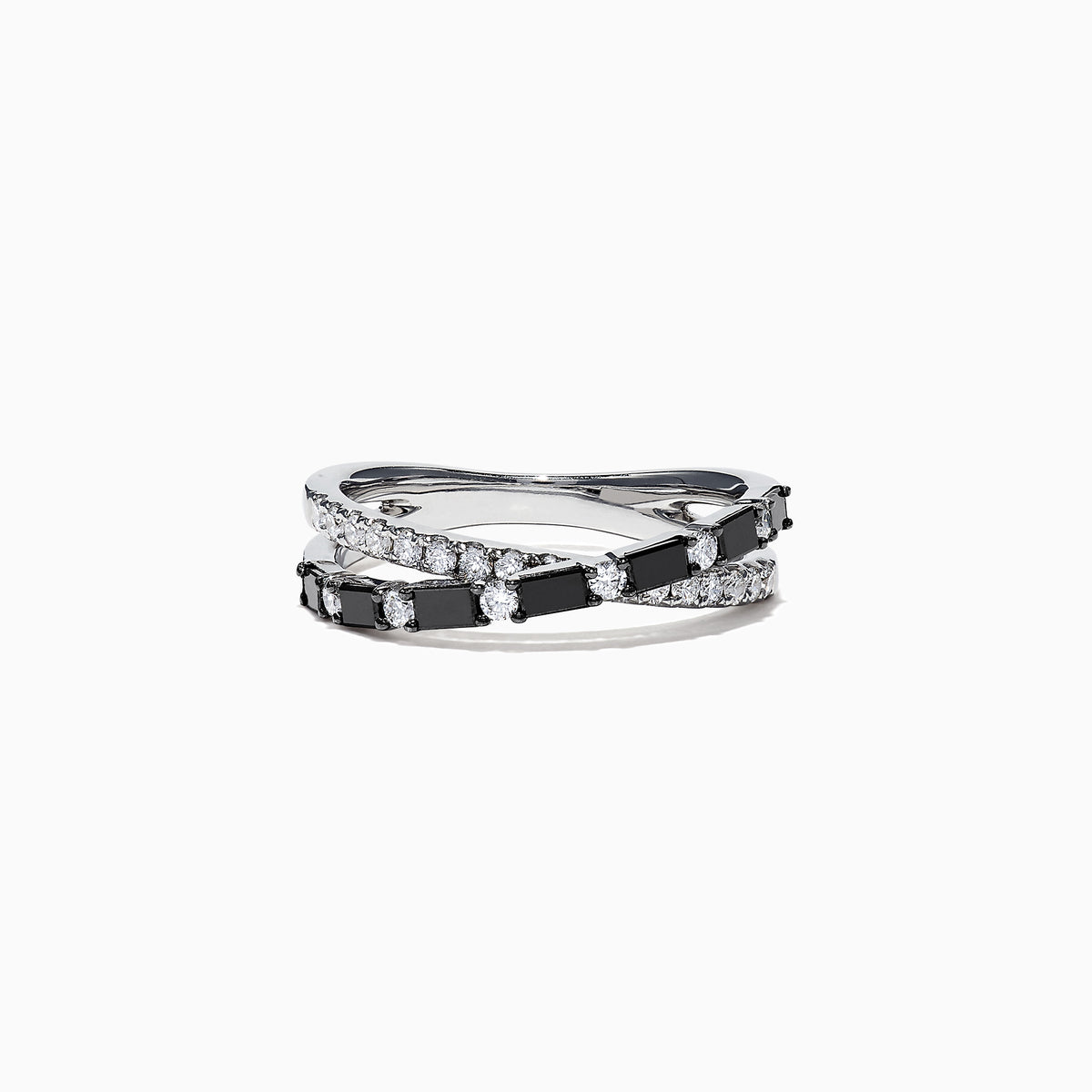 The 14K White Gold Black and White Diamond Crossover Ring, 0.77 TCW, features two intertwined bands with alternating black and white diamonds, displayed on a white background.