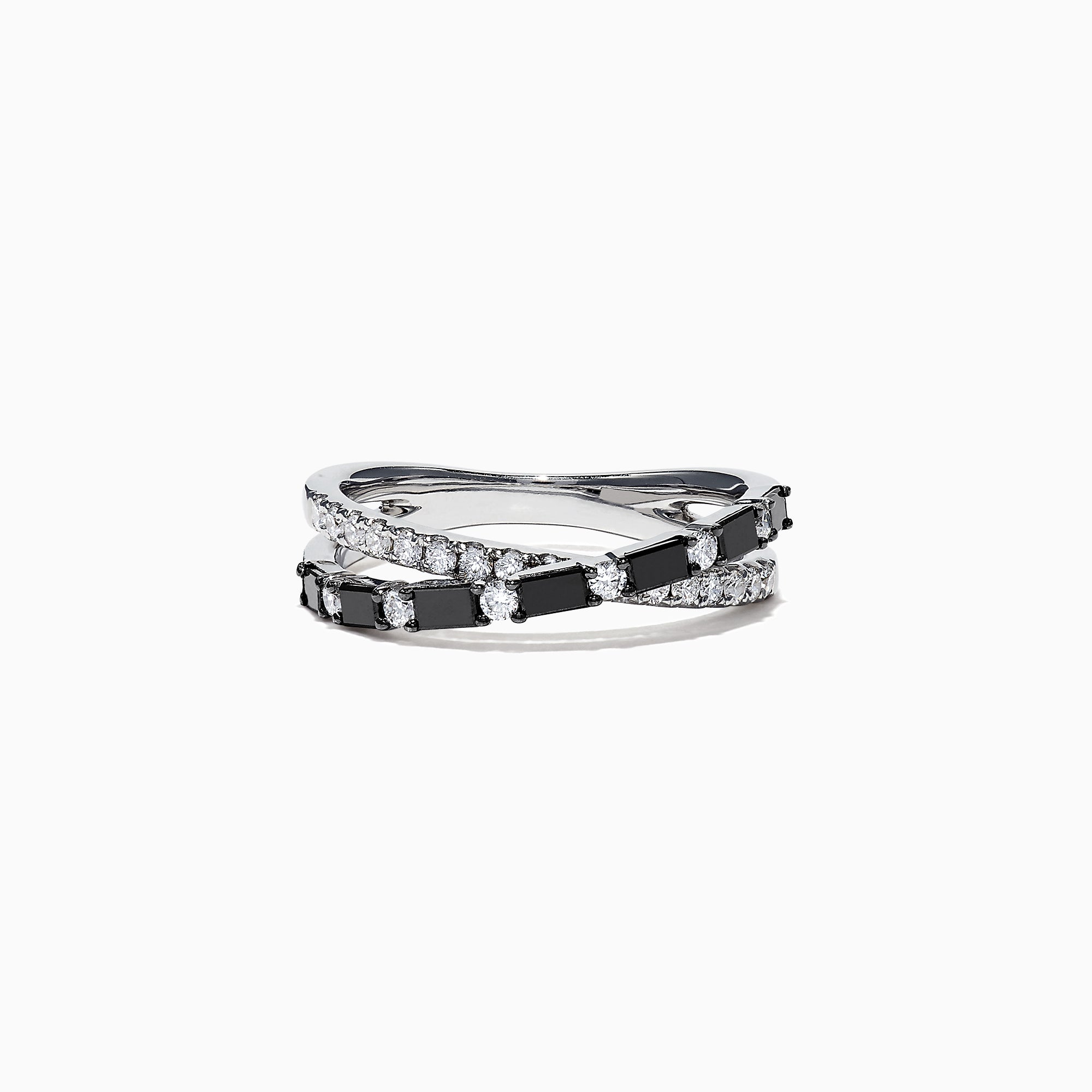 The 14K White Gold Black and White Diamond Crossover Ring, 0.77 TCW, features two intertwined bands with alternating black and white diamonds, displayed on a white background.