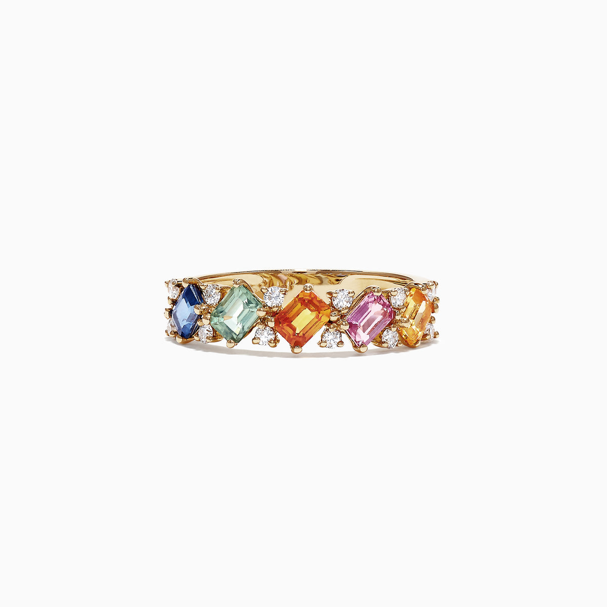 The Watercolors 14K Yellow Gold Multi-Sapphire Diamond Ring, 1.52 TCW, showcases a row of rectangular blue, green, yellow, orange, and pink sapphires with diamond accents, displayed on a white background.