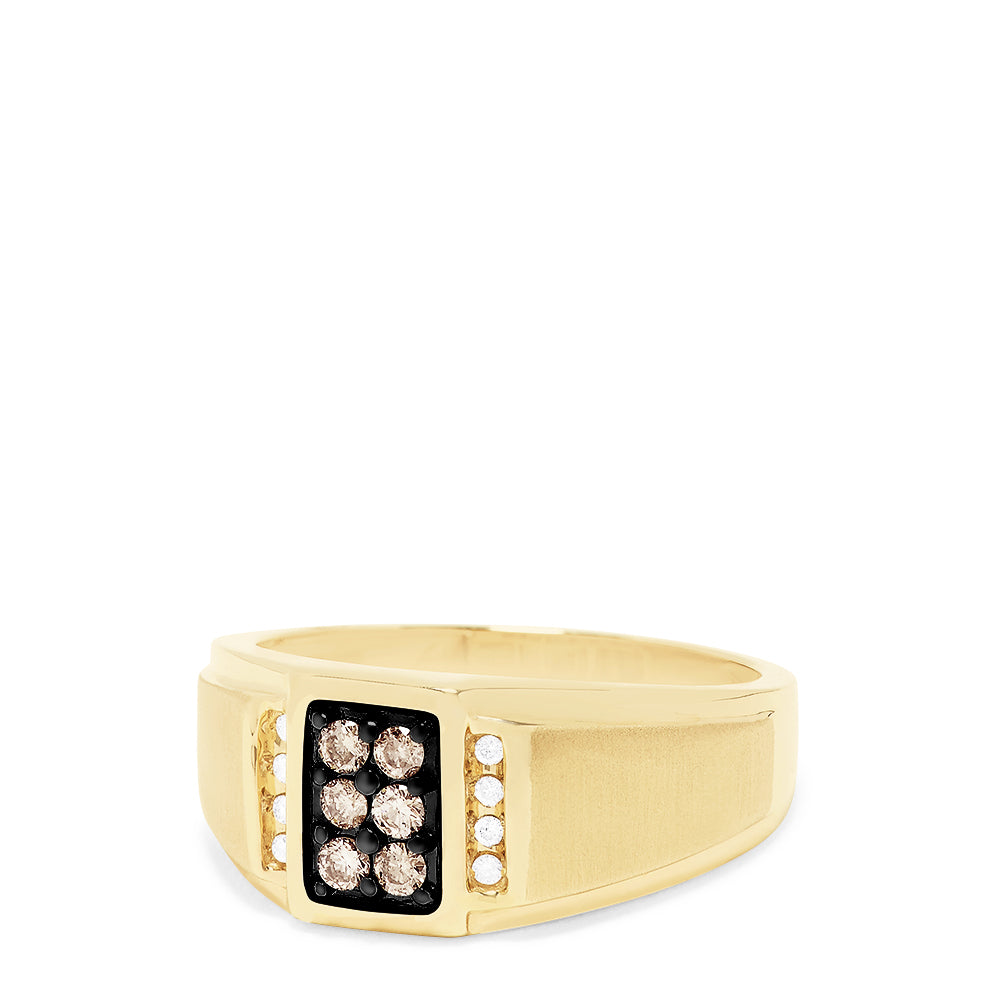 The Mens 14K Yellow Gold Espresso and White Diamond Ring, 0.32 TCW, features a rectangular face with six espresso diamonds at the center, white stones set vertically on each side, all set against a bold black background.