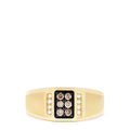 The Mens 14K Yellow Gold Espresso and White Diamond Ring, 0.32 TCW, features a rectangular face with six espresso diamonds at the center, white stones set vertically on each side, all set against a bold black background.