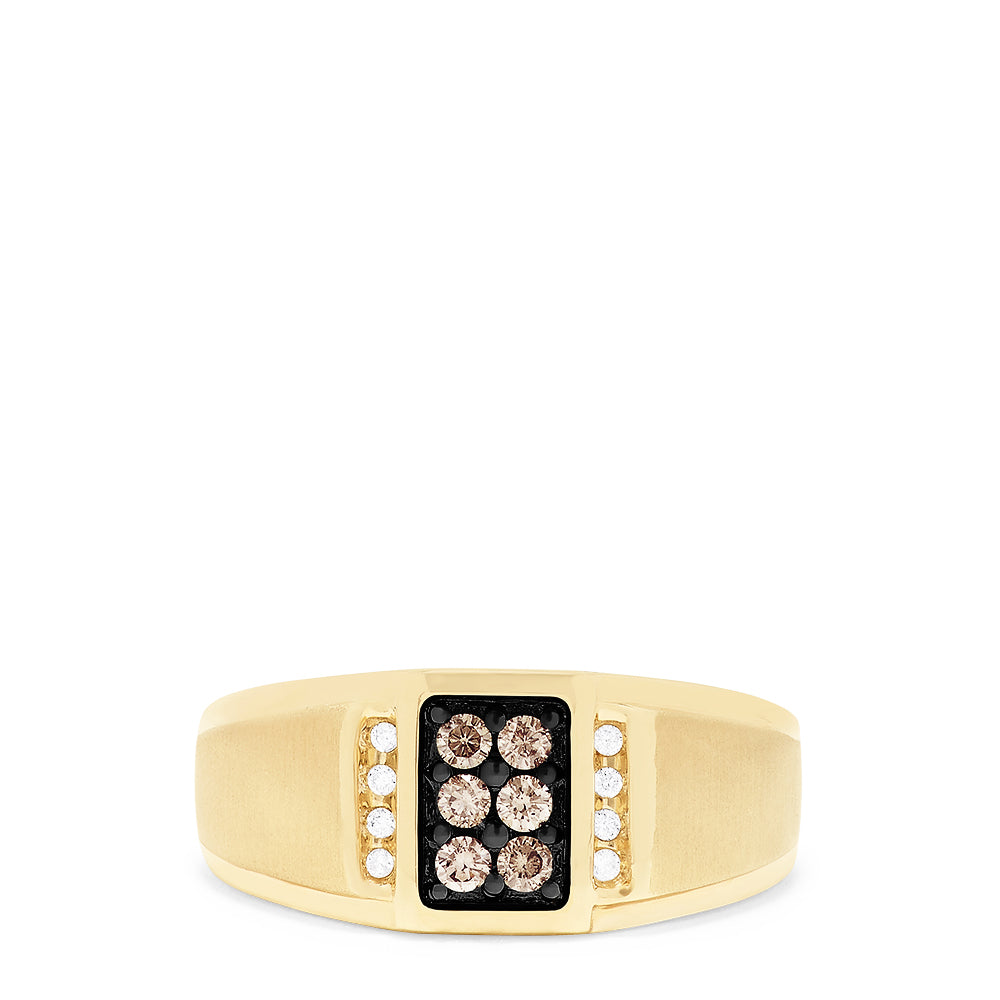 The Mens 14K Yellow Gold Espresso and White Diamond Ring, 0.32 TCW, features a rectangular face with six espresso diamonds at the center, white stones set vertically on each side, all set against a bold black background.