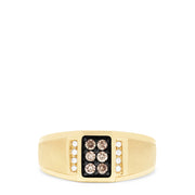 The Mens 14K Yellow Gold Espresso and White Diamond Ring, 0.32 TCW, features a rectangular face with six espresso diamonds at the center, white stones set vertically on each side, all set against a bold black background.