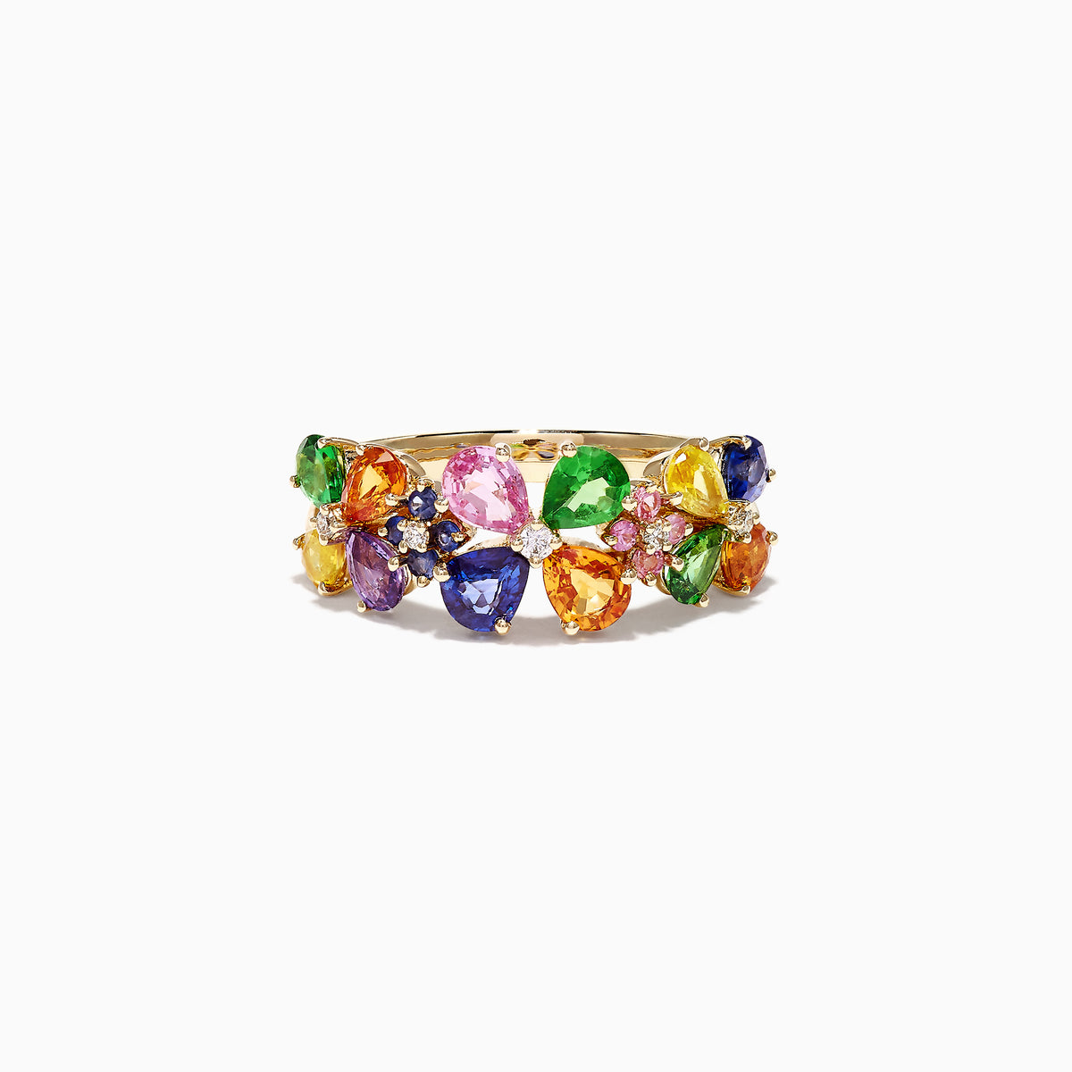 The Watercolors 14K Yellow Gold Multi Sapphire & Diamond Ring, 2.43 TCW, features teardrop and round pink, green, blue, yellow, orange, and purple sapphires with diamonds in an overlapping cluster design.