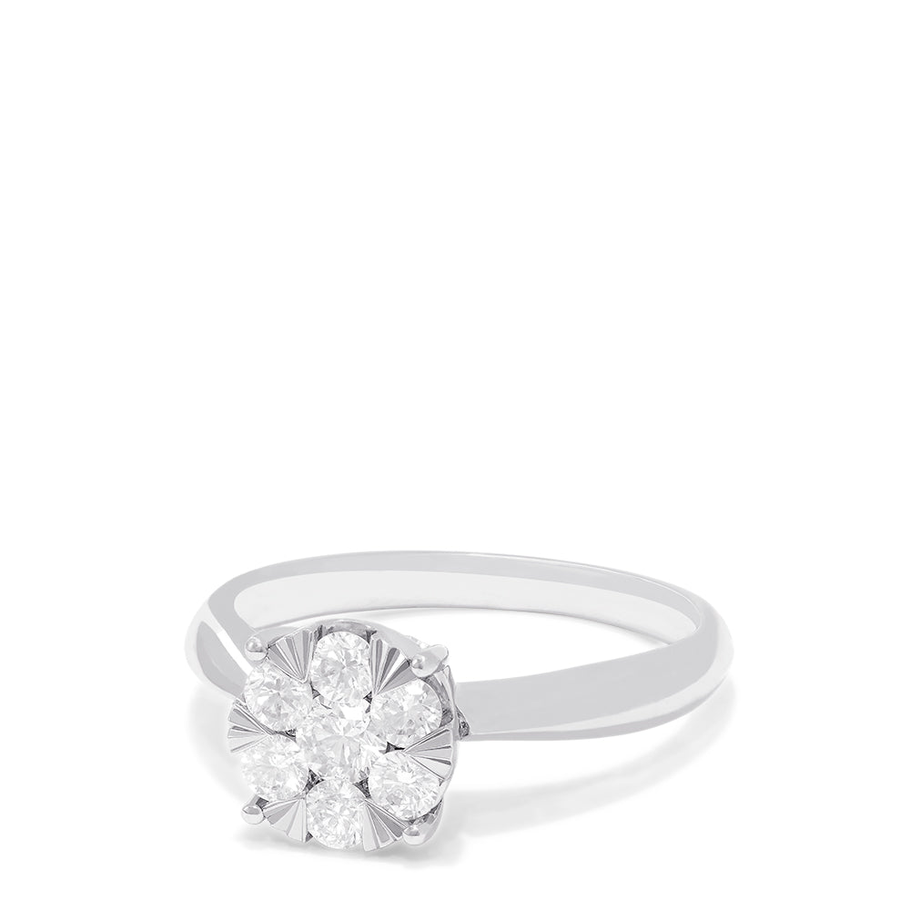 The Bouquet 14K White Gold Diamond Engagement Ring, 0.57 TCW, features a round cluster of diamonds in a floral-inspired setting on a polished band.