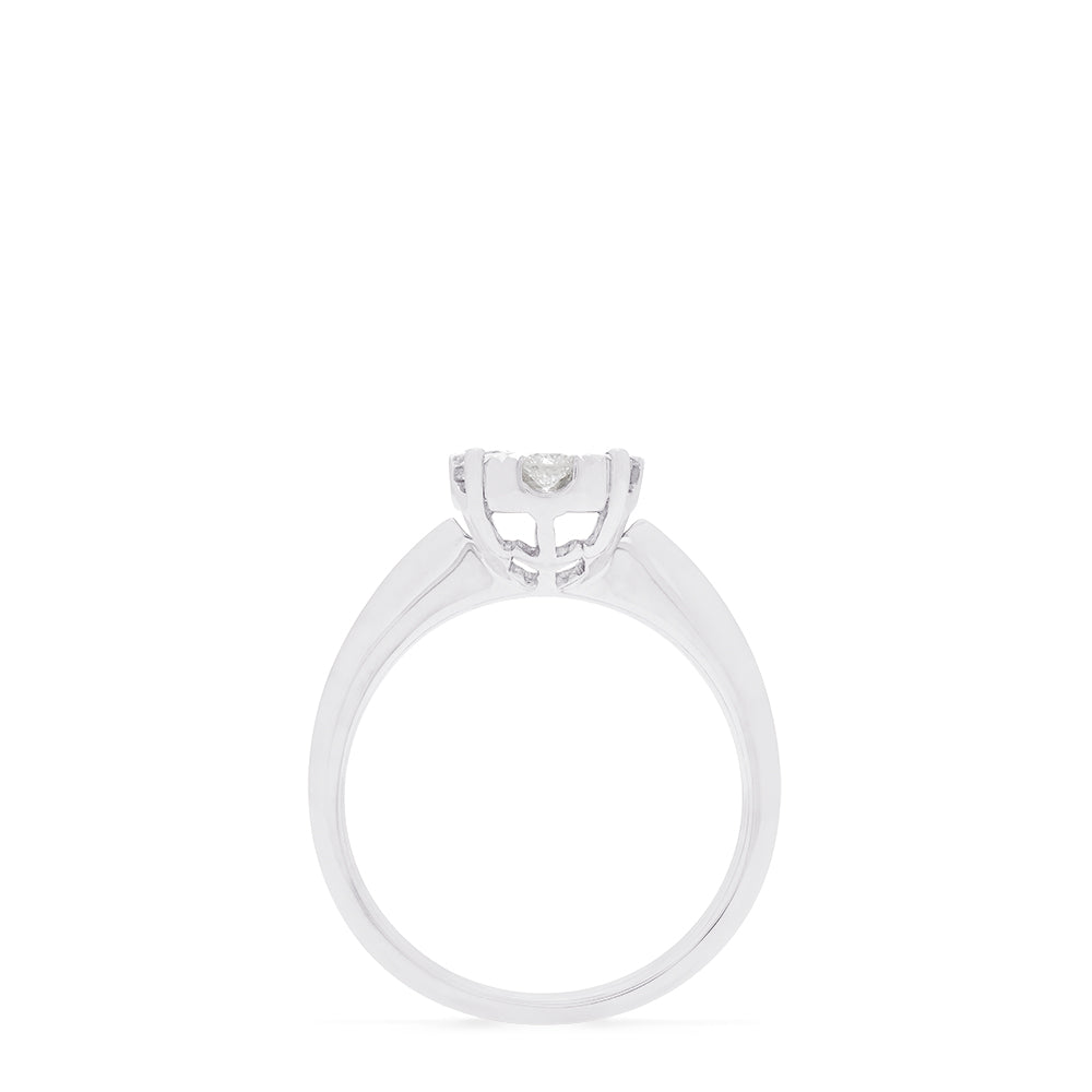 The Bouquet 14K White Gold Diamond Engagement Ring, 0.57 TCW, features a round cluster of diamonds in a floral-inspired setting on a polished band.