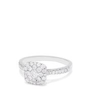 The Bouquet 14K White Gold Square Shaped Diamond Cluster Ring, 0.63 TCW, features a central diamond cluster with a double halo and additional diamonds along the band.