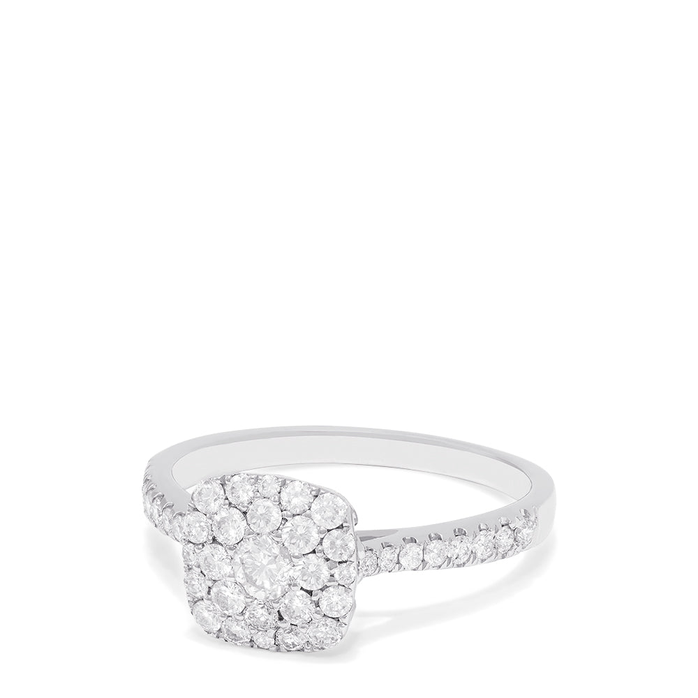 The Bouquet 14K White Gold Square Shaped Diamond Cluster Ring, 0.63 TCW, features a central diamond cluster with a double halo and additional diamonds along the band.