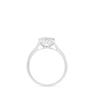 The Bouquet 14K White Gold Square Shaped Diamond Cluster Ring, 0.63 TCW, features a central diamond cluster with a double halo and additional diamonds along the band.