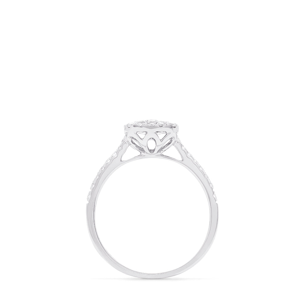 The Bouquet 14K White Gold Square Shaped Diamond Cluster Ring, 0.63 TCW, features a central diamond cluster with a double halo and additional diamonds along the band.