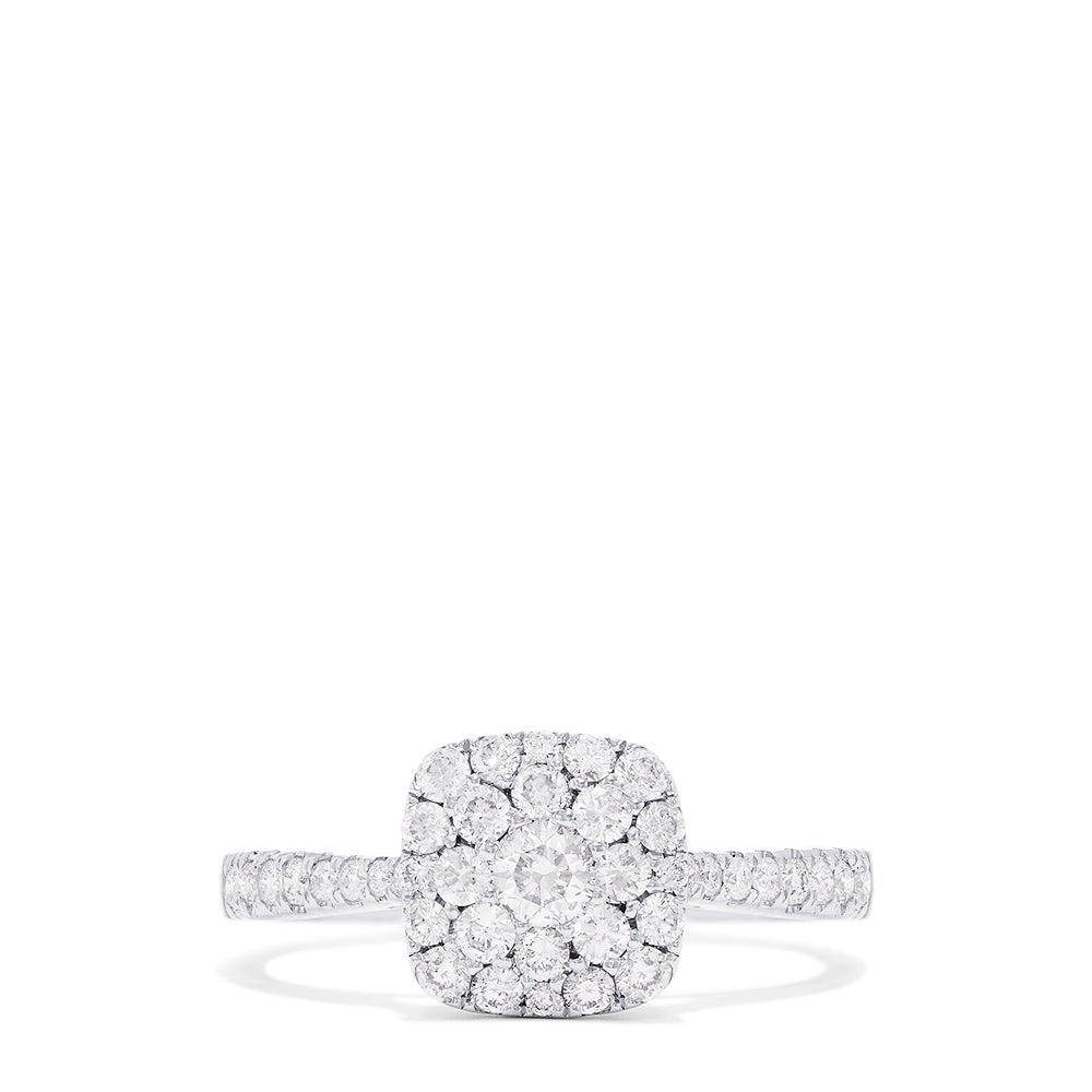 The Bouquet 14K White Gold Square Shaped Diamond Cluster Ring, 0.63 TCW, features a central diamond cluster with a double halo and additional diamonds along the band.
