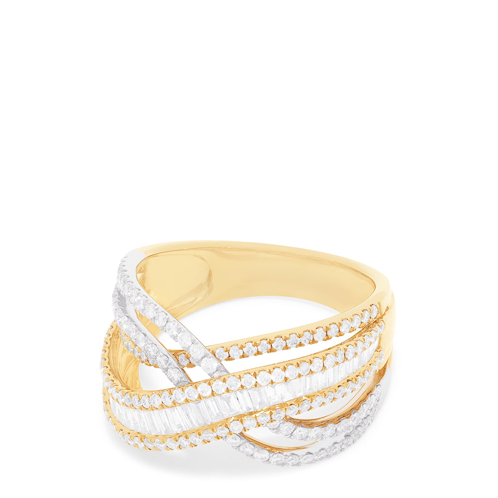 The Duo 14K White and Yellow Gold Diamond Crossover Ring features a 1.41 TCW of round and baguette-cut diamonds in an elegant crisscross design.