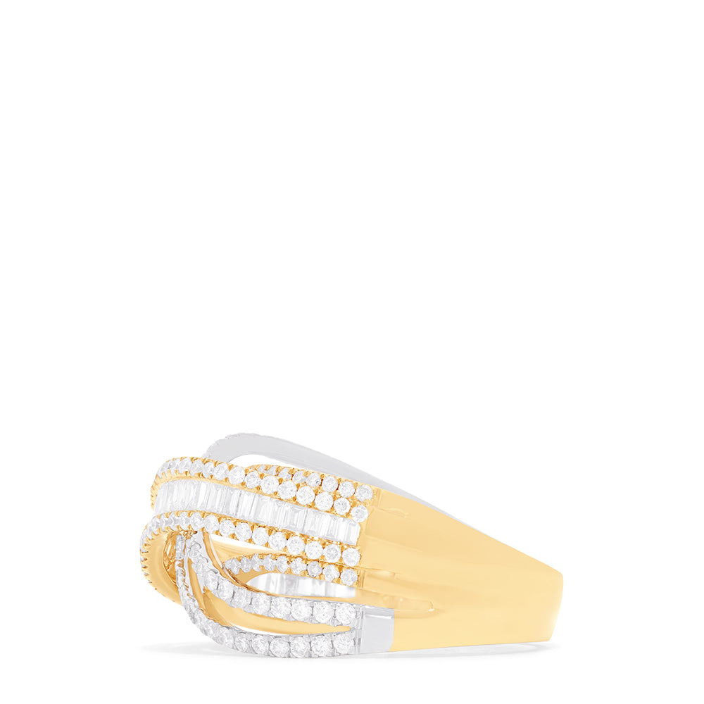 The Duo 14K White and Yellow Gold Diamond Crossover Ring features a 1.41 TCW of round and baguette-cut diamonds in an elegant crisscross design.