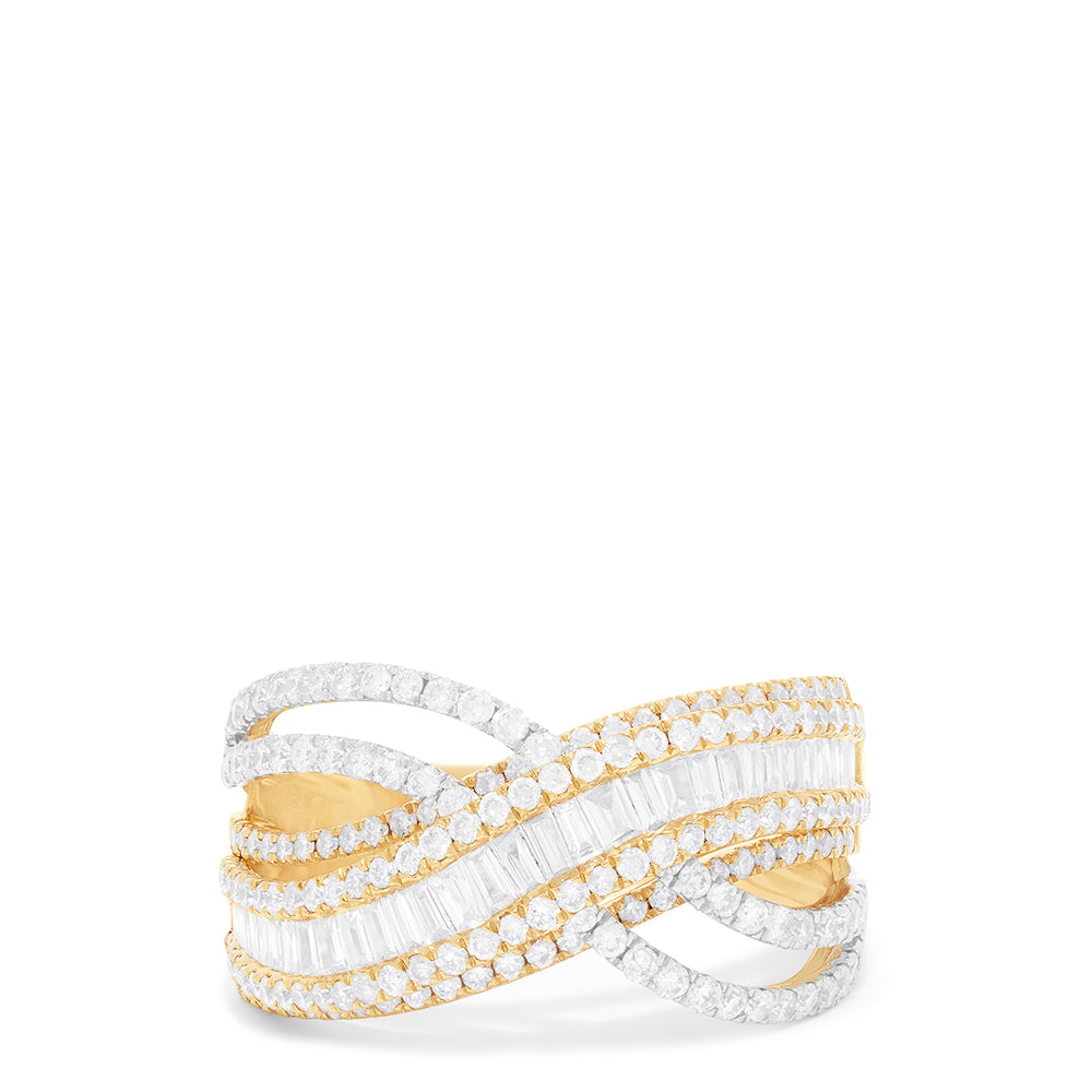 The Duo 14K White and Yellow Gold Diamond Crossover Ring features a 1.41 TCW of round and baguette-cut diamonds in an elegant crisscross design.