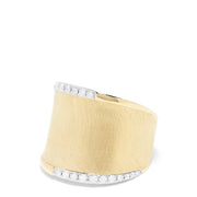 The DOro 14K Yellow Gold Diamond Accented Ring (0.27 TCW) features a wide band with a brushed finish and two rows of sparkling white diamonds along the edges, showcased on a plain white background.