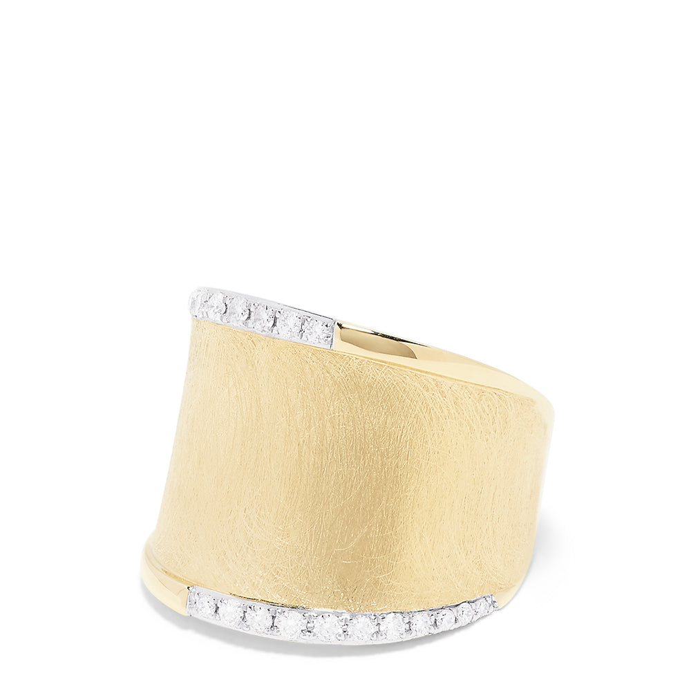 The DOro 14K Yellow Gold Diamond Accented Ring (0.27 TCW) features a wide band with a brushed finish and two rows of sparkling white diamonds along the edges, showcased on a plain white background.