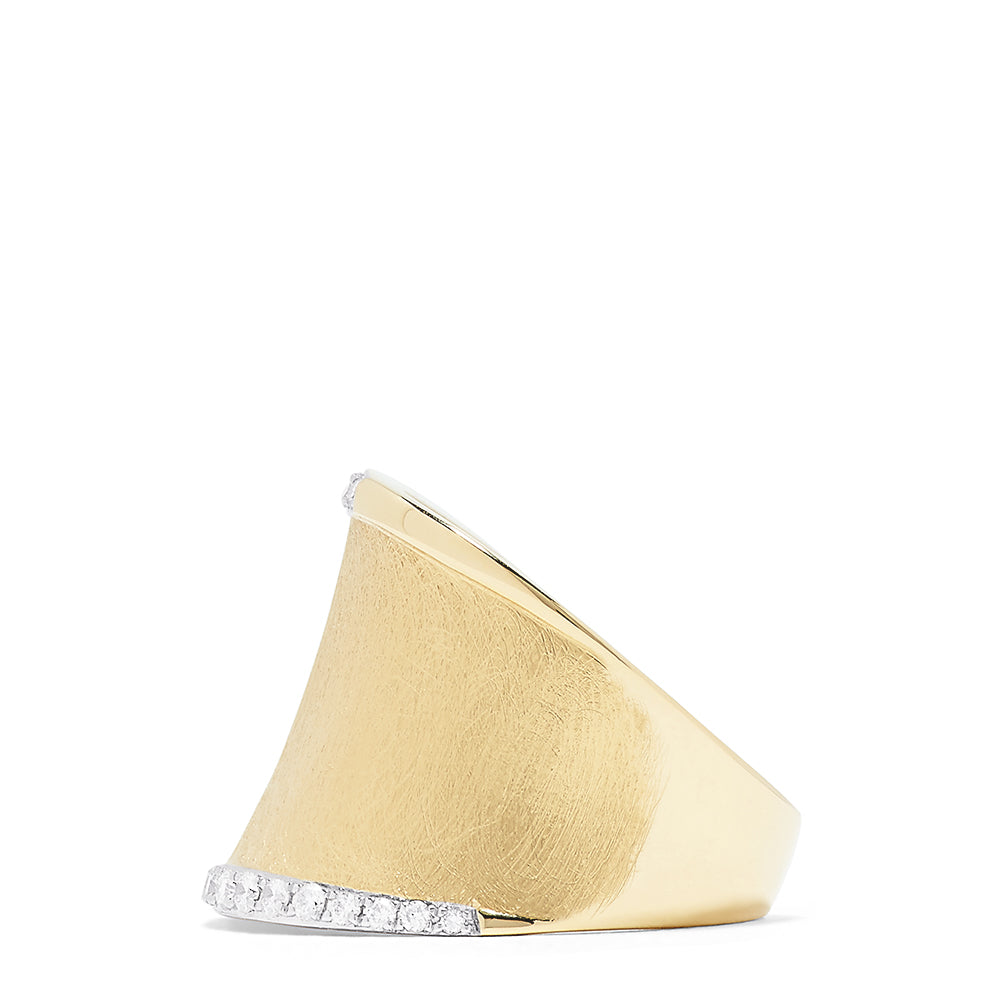 The DOro 14K Yellow Gold Diamond Accented Ring (0.27 TCW) features a wide band with a brushed finish and two rows of sparkling white diamonds along the edges, showcased on a plain white background.