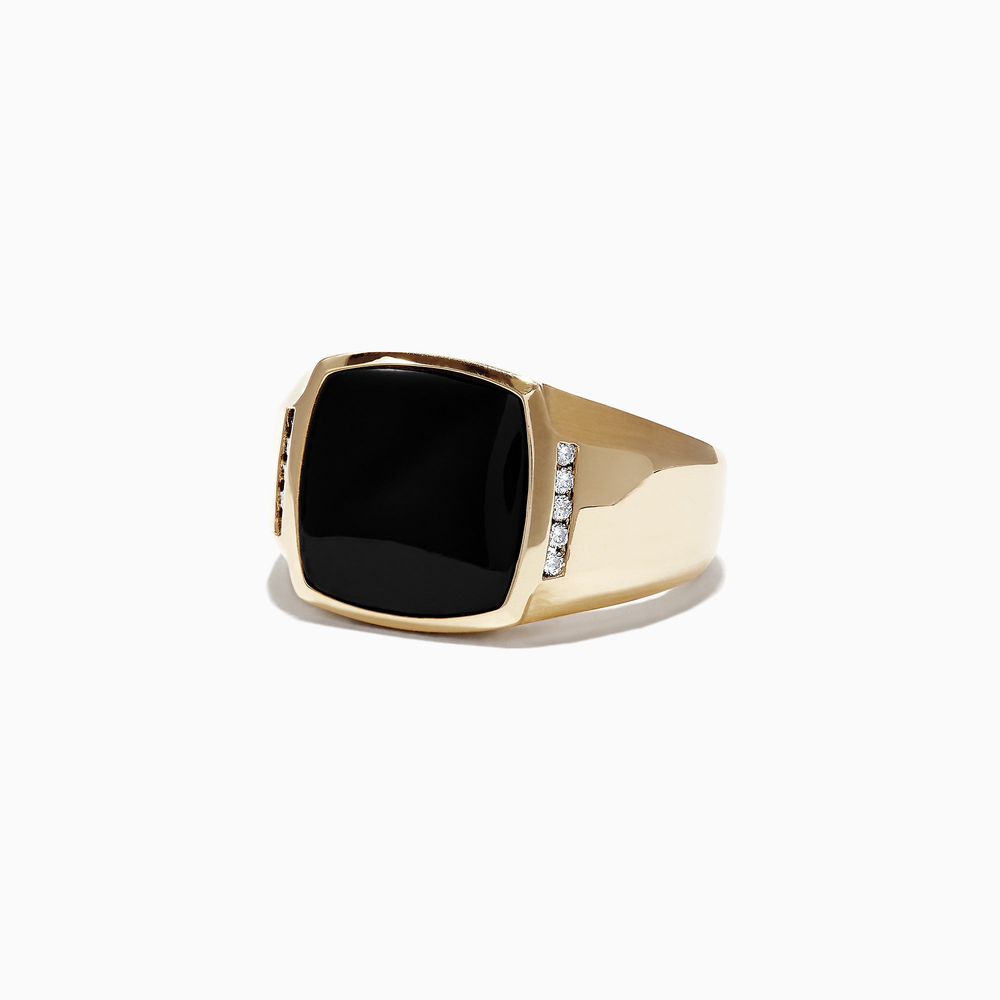 Mens 14K Yellow Gold Black Agate and Diamond Ring, 0.13 TCW, features a prominent square black agate center stone with small round diamonds on each side, shown against a plain white background.