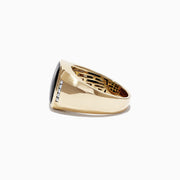 Mens 14K Yellow Gold Black Agate and Diamond Ring, 0.13 TCW, features a prominent square black agate center stone with small round diamonds on each side, shown against a plain white background.