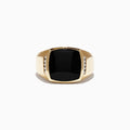 Mens 14K Yellow Gold Black Agate and Diamond Ring, 0.13 TCW, features a prominent square black agate center stone with small round diamonds on each side, shown against a plain white background.