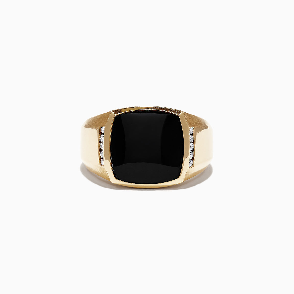 Mens 14K Yellow Gold Black Agate and Diamond Ring, 0.13 TCW, features a prominent square black agate center stone with small round diamonds on each side, shown against a plain white background.