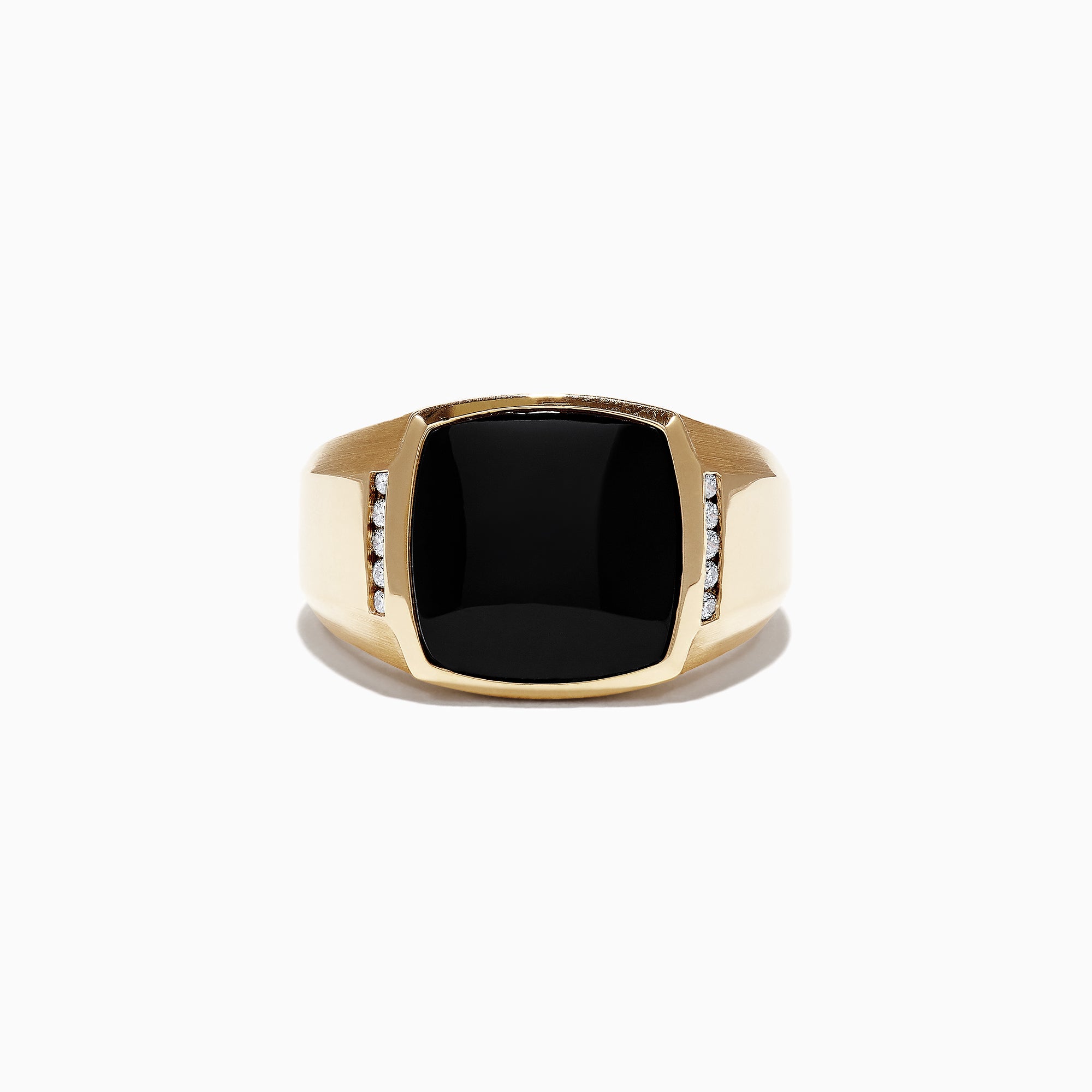 Mens 14K Yellow Gold Black Agate and Diamond Ring, 0.13 TCW, features a prominent square black agate center stone with small round diamonds on each side, shown against a plain white background.