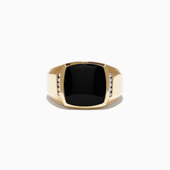 Mens 14K Yellow Gold Black Agate and Diamond Ring, 0.13 TCW, features a prominent square black agate center stone with small round diamonds on each side, shown against a plain white background.