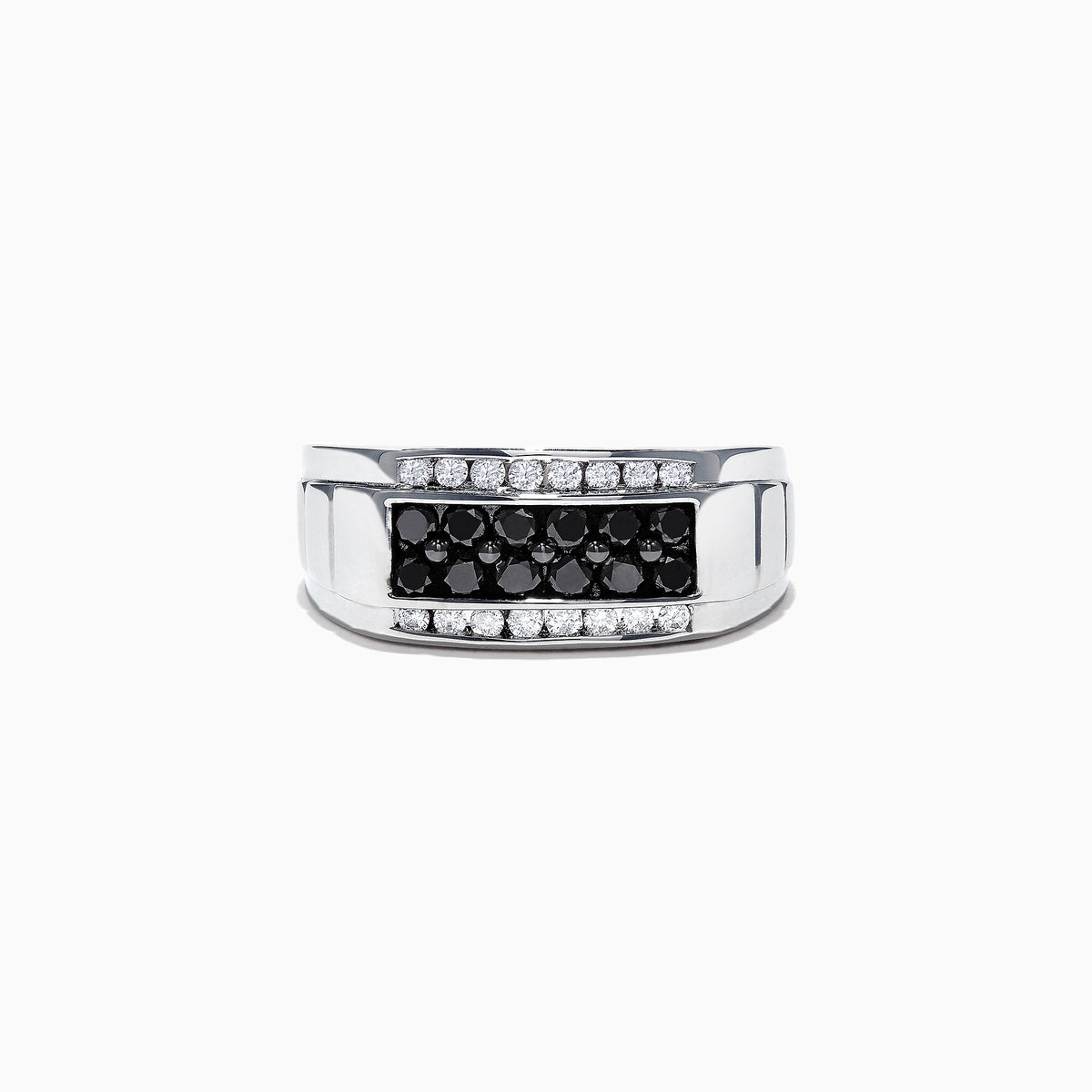 The Mens 14K White Gold Black and White Diamond Ring, 0.96 TCW, showcases a central row of black diamonds bordered by white diamonds in a rectangular design, all set on a polished white gold band.