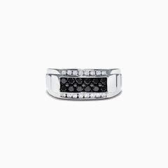 The Mens 14K White Gold Black and White Diamond Ring, 0.96 TCW, showcases a central row of black diamonds bordered by white diamonds in a rectangular design, all set on a polished white gold band.