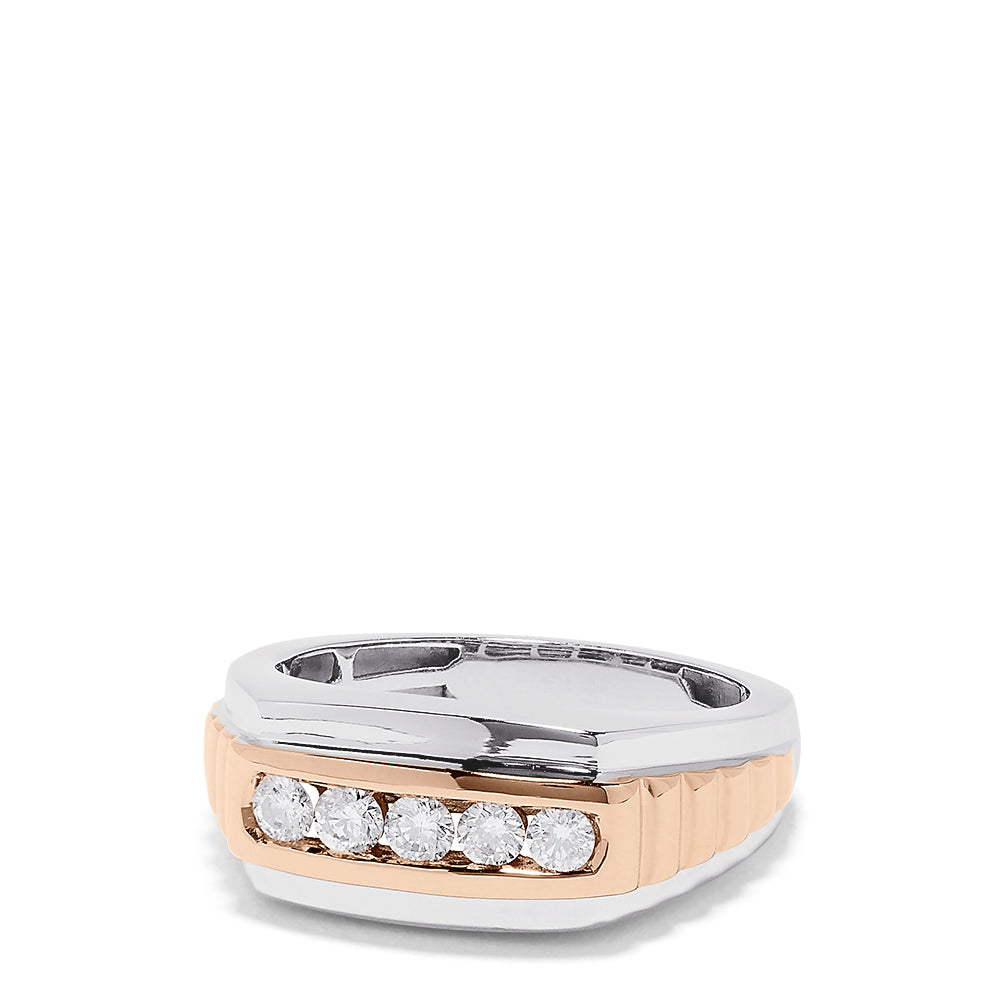 The Mens 14K White and Rose Gold Diamond Ring, 0.49 TCW features a two-tone band with five round diamonds set horizontally and silver accents along the edges for a striking look.