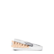 The Mens 14K White and Rose Gold Diamond Ring, 0.49 TCW features a two-tone band with five round diamonds set horizontally and silver accents along the edges for a striking look.