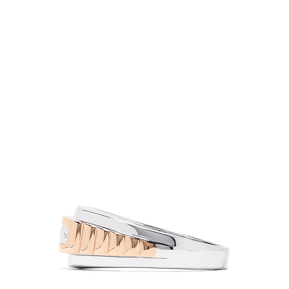The Mens 14K White and Rose Gold Diamond Ring, 0.49 TCW features a two-tone band with five round diamonds set horizontally and silver accents along the edges for a striking look.
