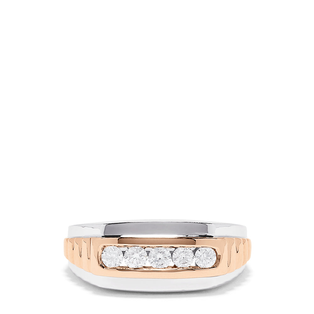 The Mens 14K White and Rose Gold Diamond Ring, 0.49 TCW features a two-tone band with five round diamonds set horizontally and silver accents along the edges for a striking look.