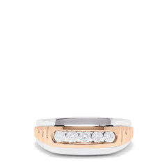 The Mens 14K White and Rose Gold Diamond Ring, 0.49 TCW features a two-tone band with five round diamonds set horizontally and silver accents along the edges for a striking look.