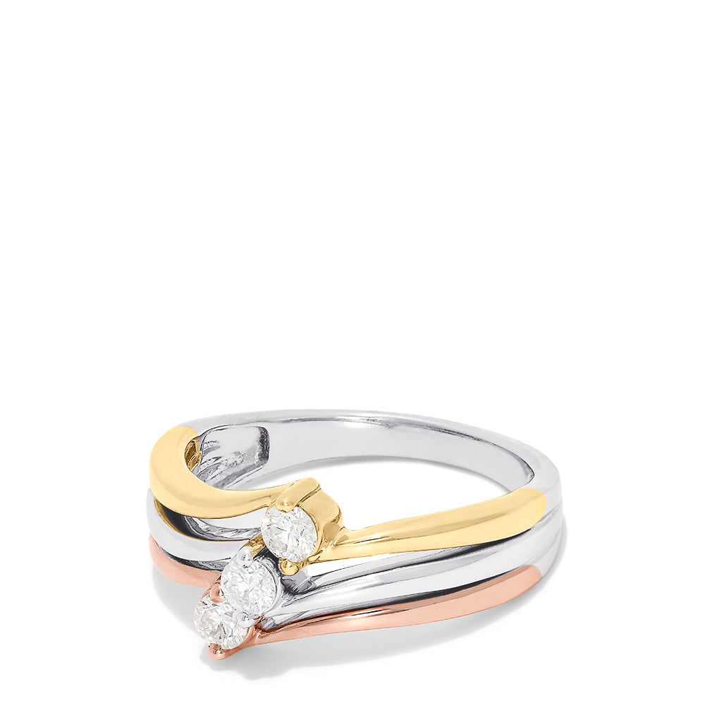 The Trio 14K Tri Color Gold Diamond Ring, 0.32 TCW, features gold, silver, and rose gold bands with a central round diamond on each band, set against a white background.