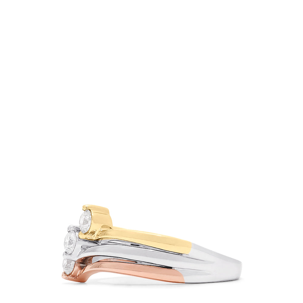 The Trio 14K Tri Color Gold Diamond Ring, 0.32 TCW, features gold, silver, and rose gold bands with a central round diamond on each band, set against a white background.