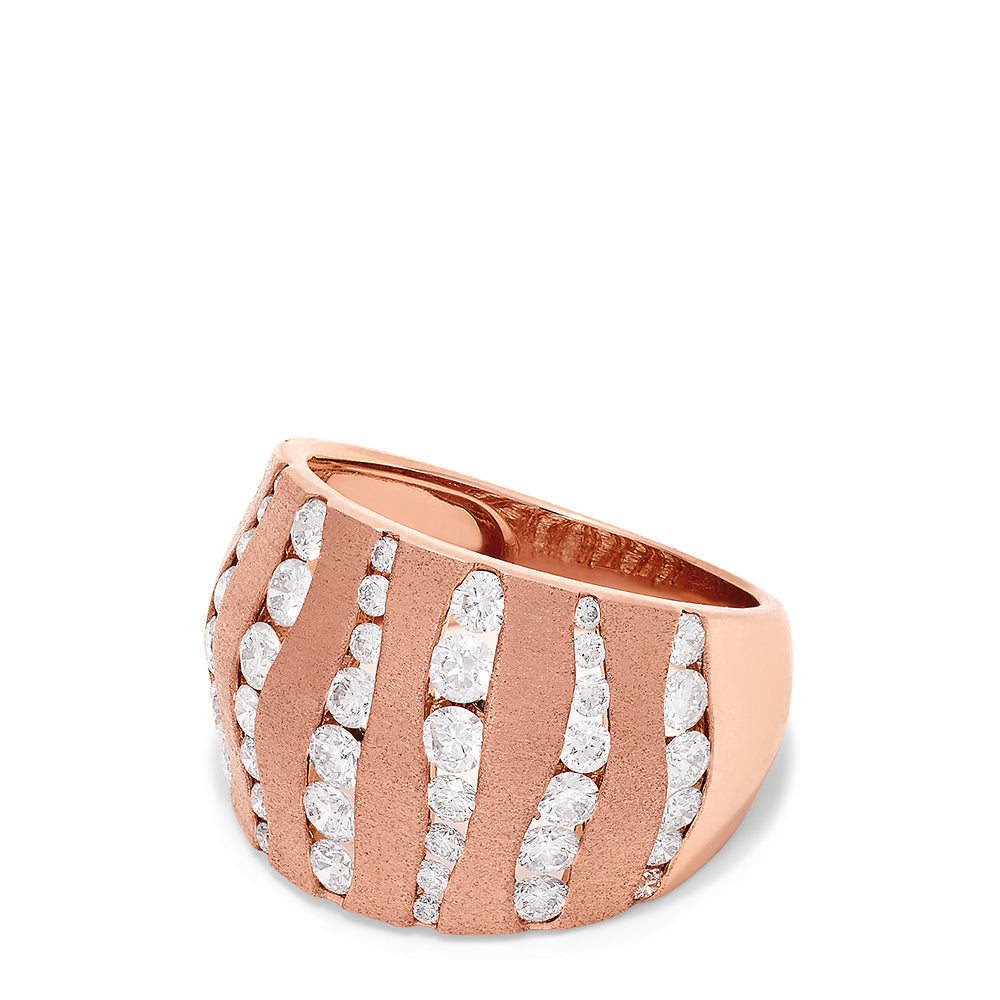 The Pave Rose 14K Rose Gold Diamond Ring, 1.68 TCW, showcases vertical wavy rows of round white diamonds set across a wide 14K rose gold band.