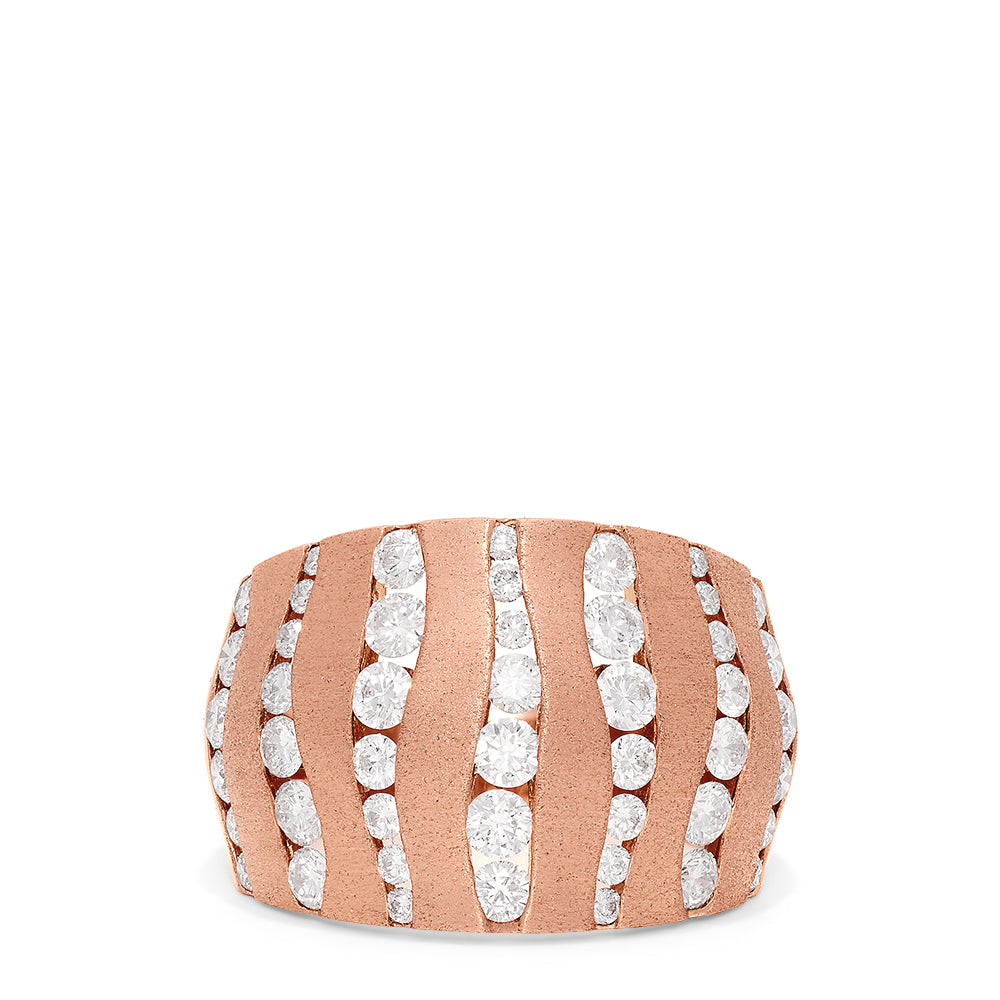 The Pave Rose 14K Rose Gold Diamond Ring, 1.68 TCW, showcases vertical wavy rows of round white diamonds set across a wide 14K rose gold band.