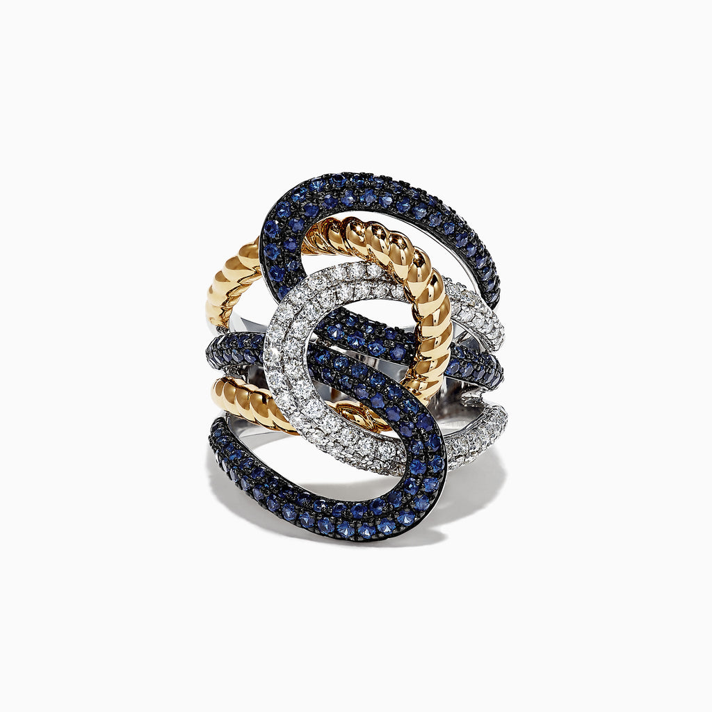 The Royale Bleu 14K 2-Tone Gold Sapphire and Diamond Rope Ring, 2.39 TCW, features interlocking links encrusted with diamonds and sapphires in an intricate, sculptural design against a white background.