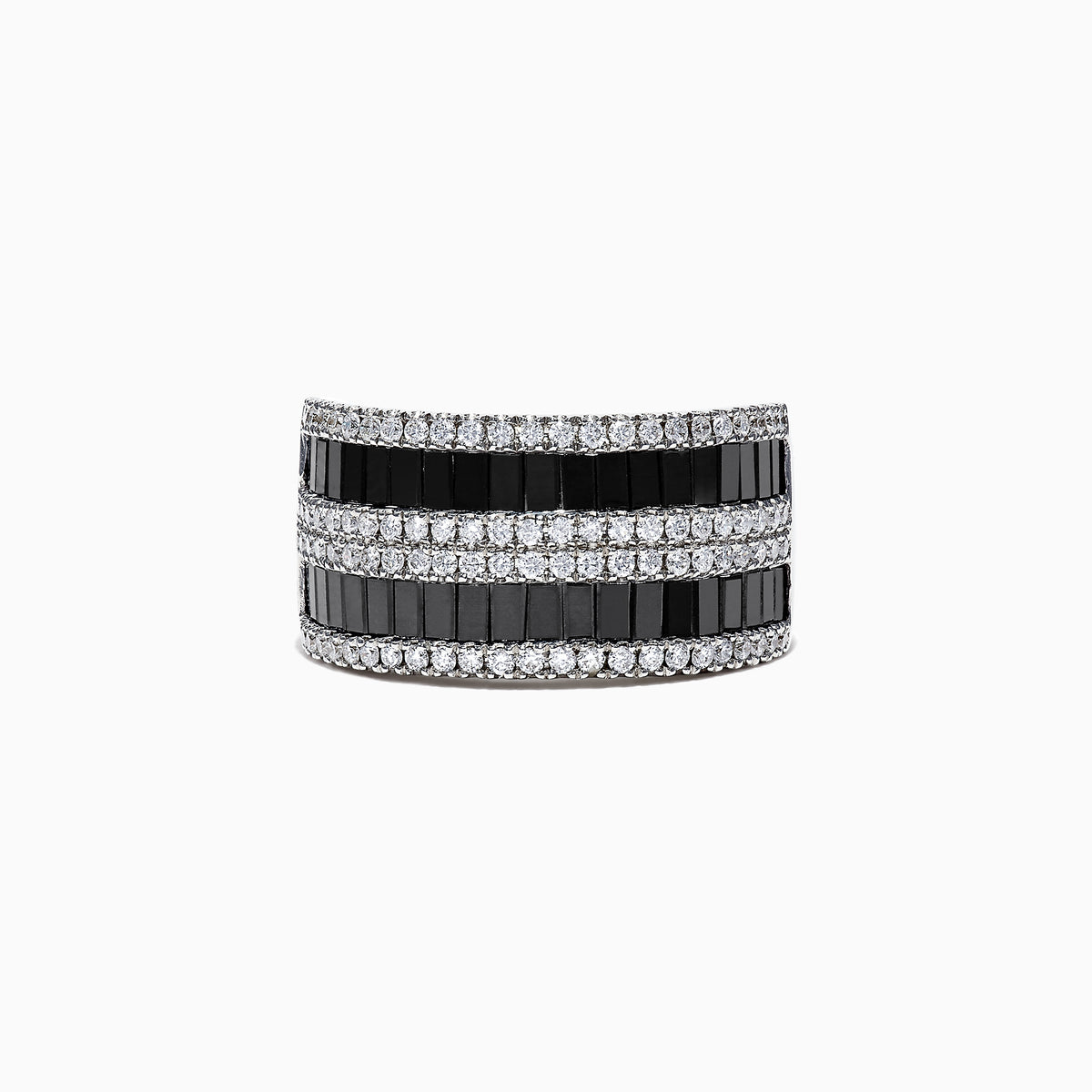 The 14K White Gold Black and White Diamond Ring, 2.48 TCW, features alternating rows of rectangular black and white diamonds in a sleek band, elegantly displayed against a white background.