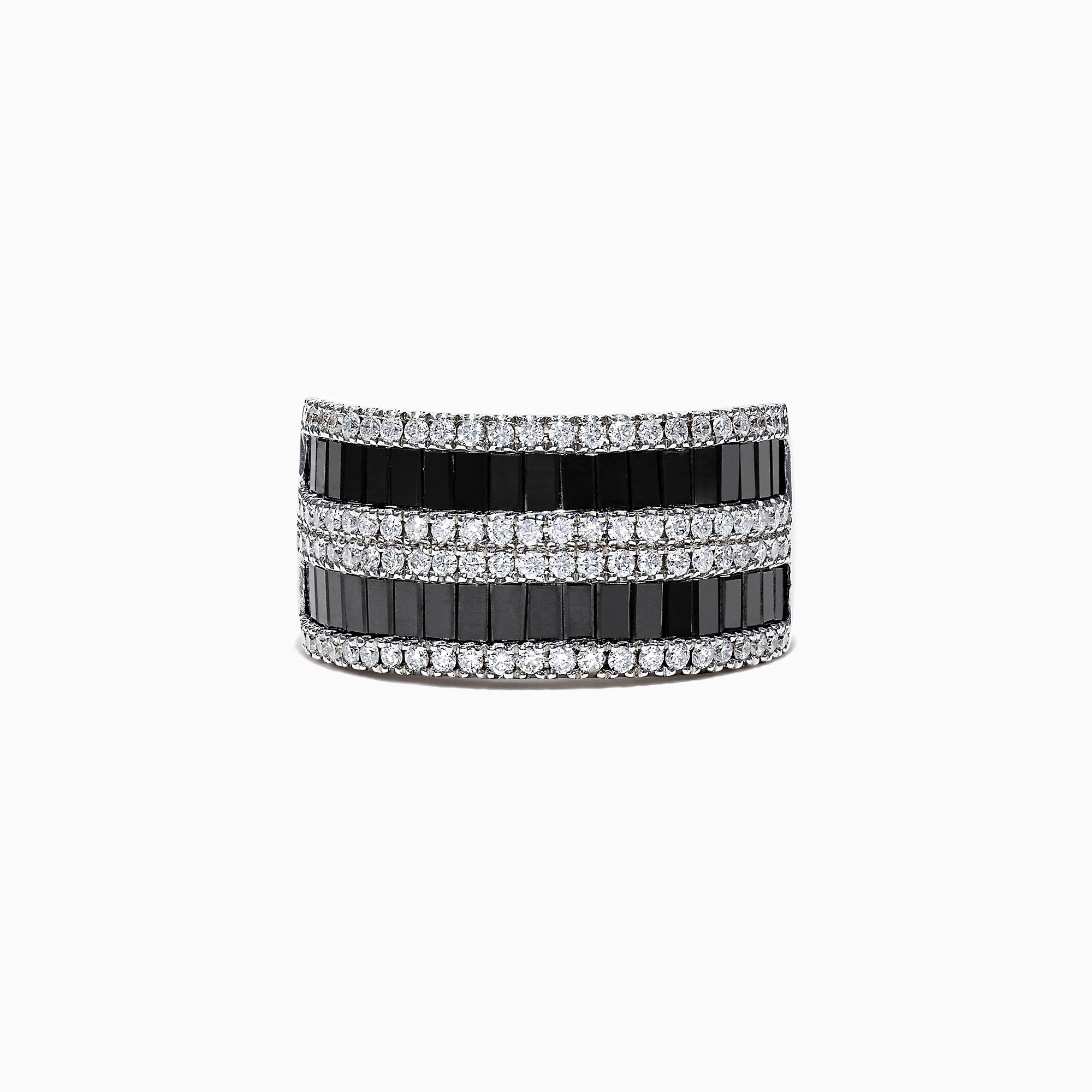 The 14K White Gold Black and White Diamond Ring, 2.48 TCW, features alternating rows of rectangular black and white diamonds in a sleek band, elegantly displayed against a white background.