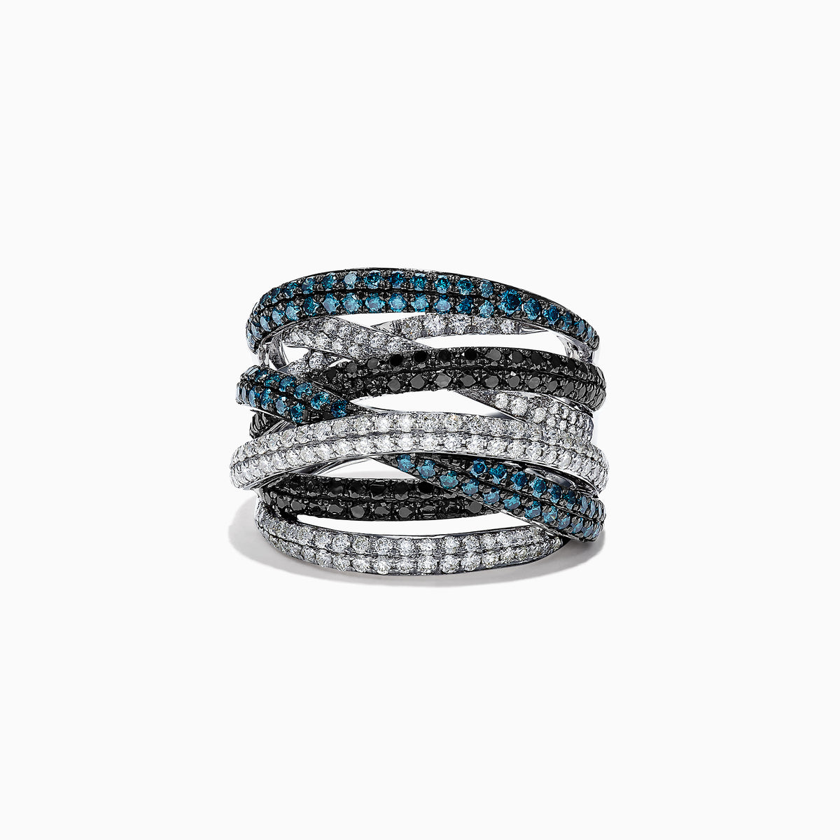 The Bella Bleu 14K White Gold Diamond Crossover Ring, 2.08 TCW, features intertwined rows of sparkling diamonds set in an elegant crisscross design on a white gold band.