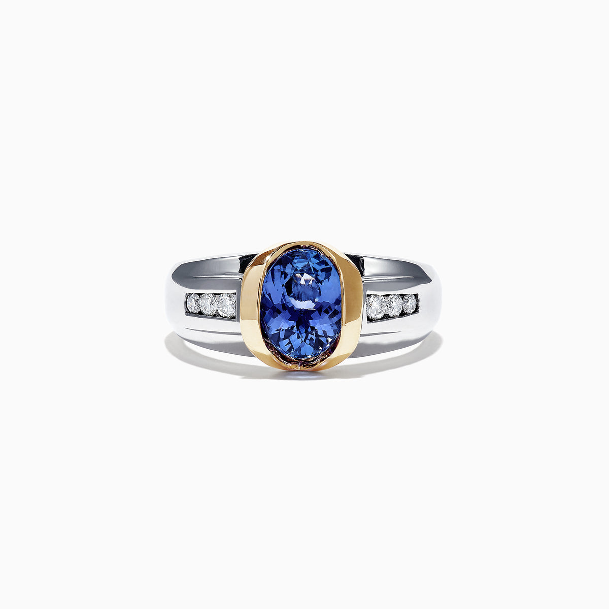 This Mens 14K Two-Tone Gold Tanzanite Diamond Ring, 1.90 TCW, features an oval blue tanzanite in a gold bezel on a silver band, accented by rows of sparkling round diamonds on each side.