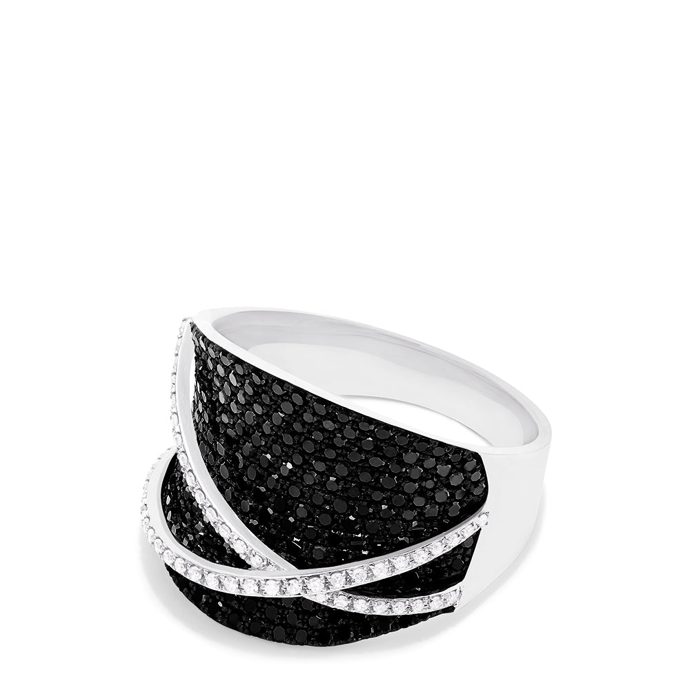 Effys 14K White Gold Black and White Diamond Ring, 1.22 TCW, features sparkling black stones and two diagonal lines of white diamonds crossing the bold front design.