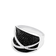 Effys 14K White Gold Black and White Diamond Ring, 1.22 TCW, features sparkling black stones and two diagonal lines of white diamonds crossing the bold front design.