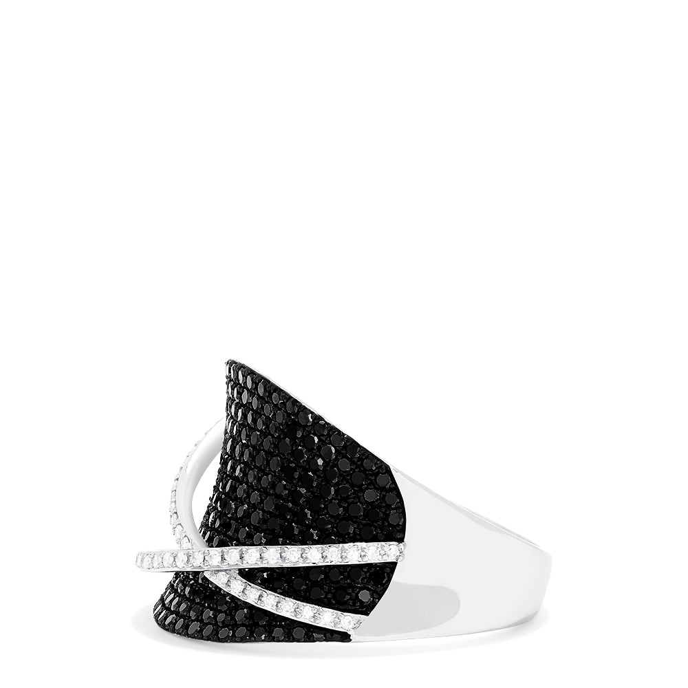 Effys 14K White Gold Black and White Diamond Ring, 1.22 TCW, features sparkling black stones and two diagonal lines of white diamonds crossing the bold front design.