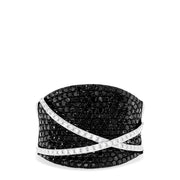 Effys 14K White Gold Black and White Diamond Ring, 1.22 TCW, features sparkling black stones and two diagonal lines of white diamonds crossing the bold front design.