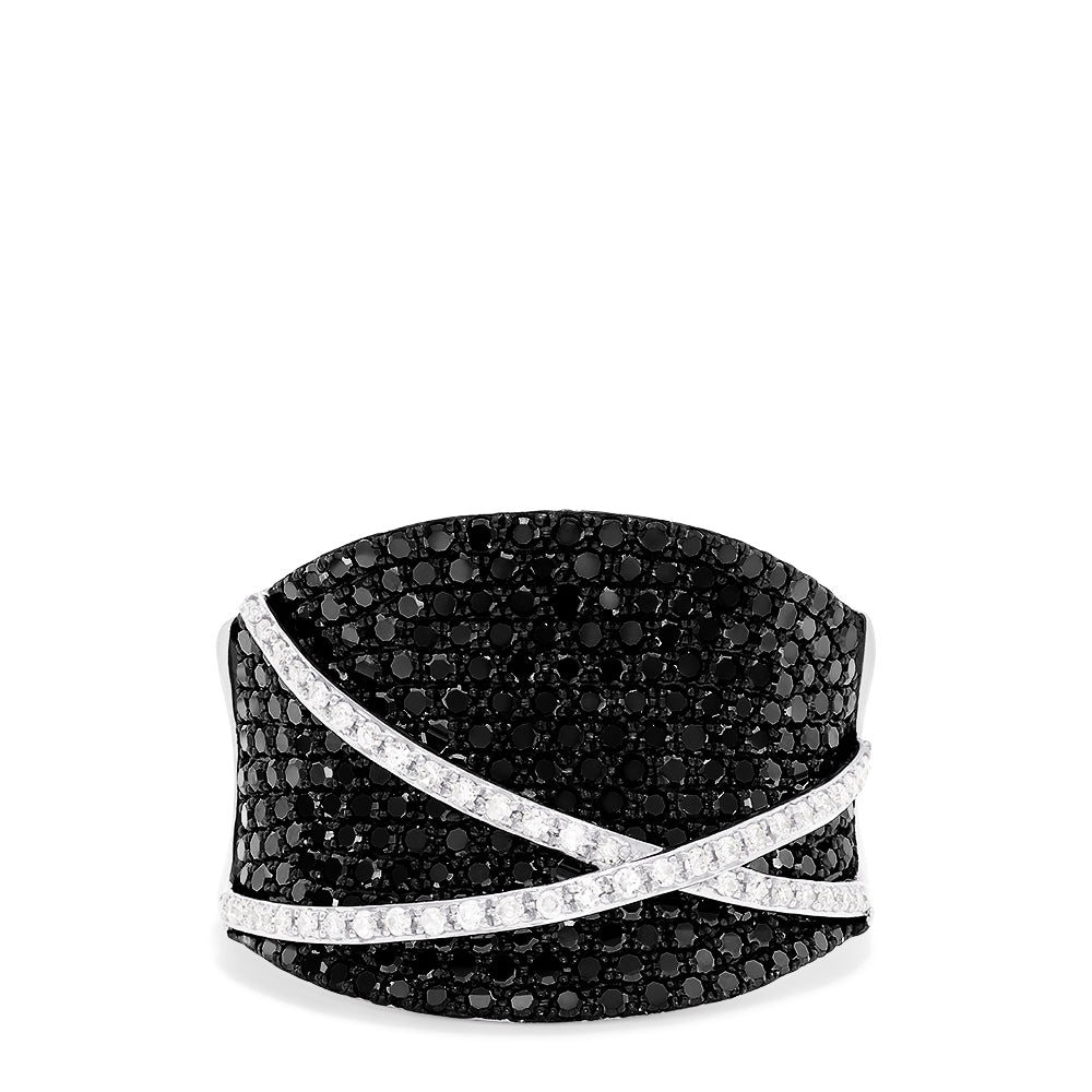 Effys 14K White Gold Black and White Diamond Ring, 1.22 TCW, features sparkling black stones and two diagonal lines of white diamonds crossing the bold front design.